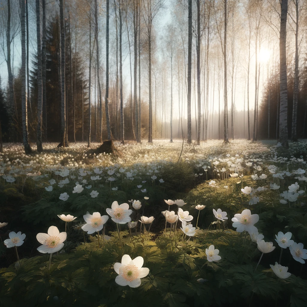 DALL·E 2024-04-21 21.53.26 - A tranquil Finnish landscape featuring a field of 'valkovuokko' flowers, known as wood anemones, with their delicate white petals spread across the fo.webp